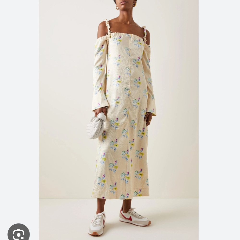Ganni Off the Shoulder Long Sleeve Crinkled Satin Maxi Dress
